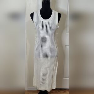 Tahari Women's Crochet Cable Knit Cutout Side Slits Coverup Dress Cream Sz Large